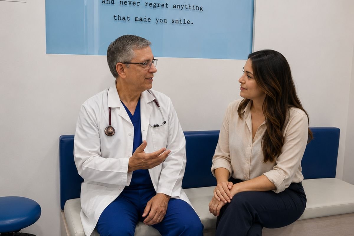 El Dr. Carlos Paternina conversa con una paciente durante una consulta de ginecología estética en Bogotá.