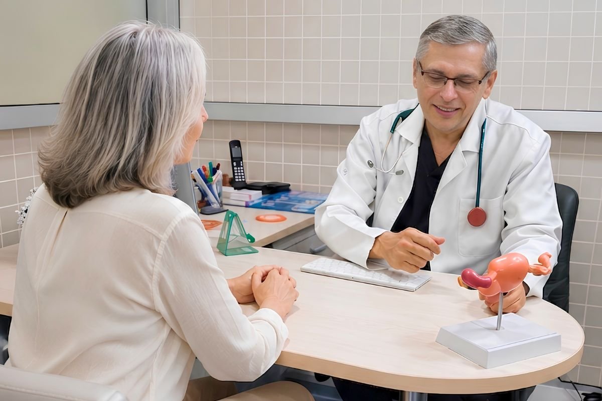 El Dr. Carlos Paternina explica el procedimiento de labioplastia con láser CO₂ durante una consulta personalizada en Bogotá.