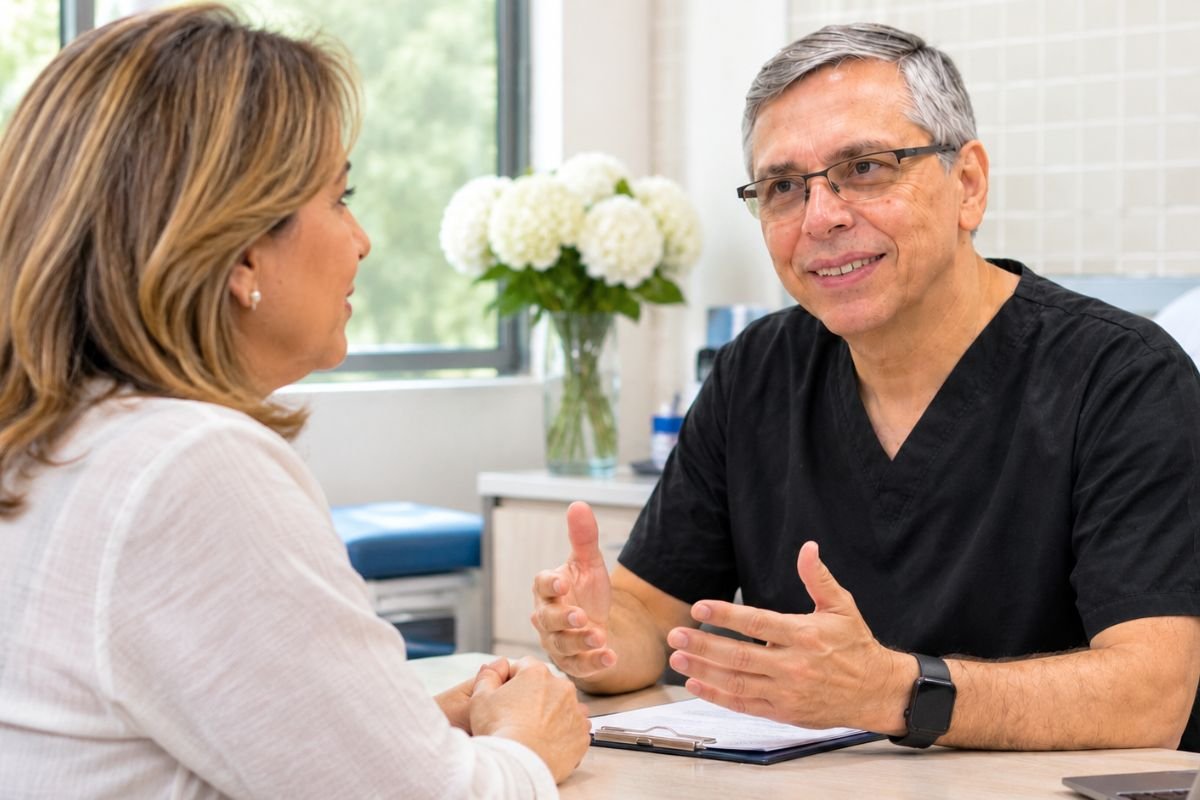 Médico conversando con una paciente en la menopausia durante una consulta ginecológica en un consultorio luminoso