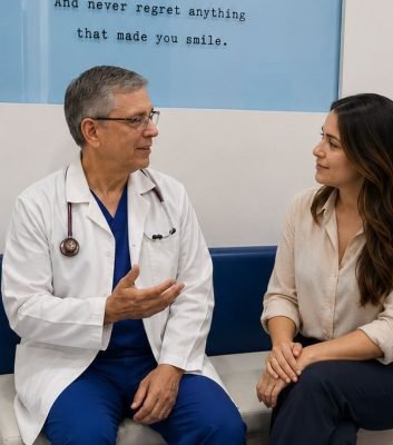 El Dr. Carlos Paternina conversa con una paciente durante una consulta de ginecología estética en Bogotá.