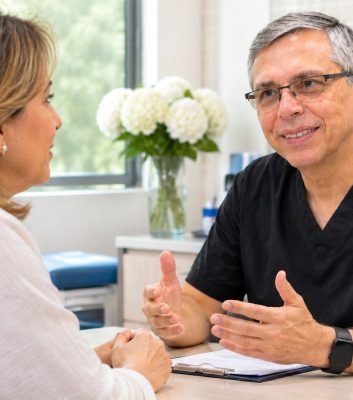 Médico conversando con una paciente en la menopausia durante una consulta ginecológica en un consultorio luminoso